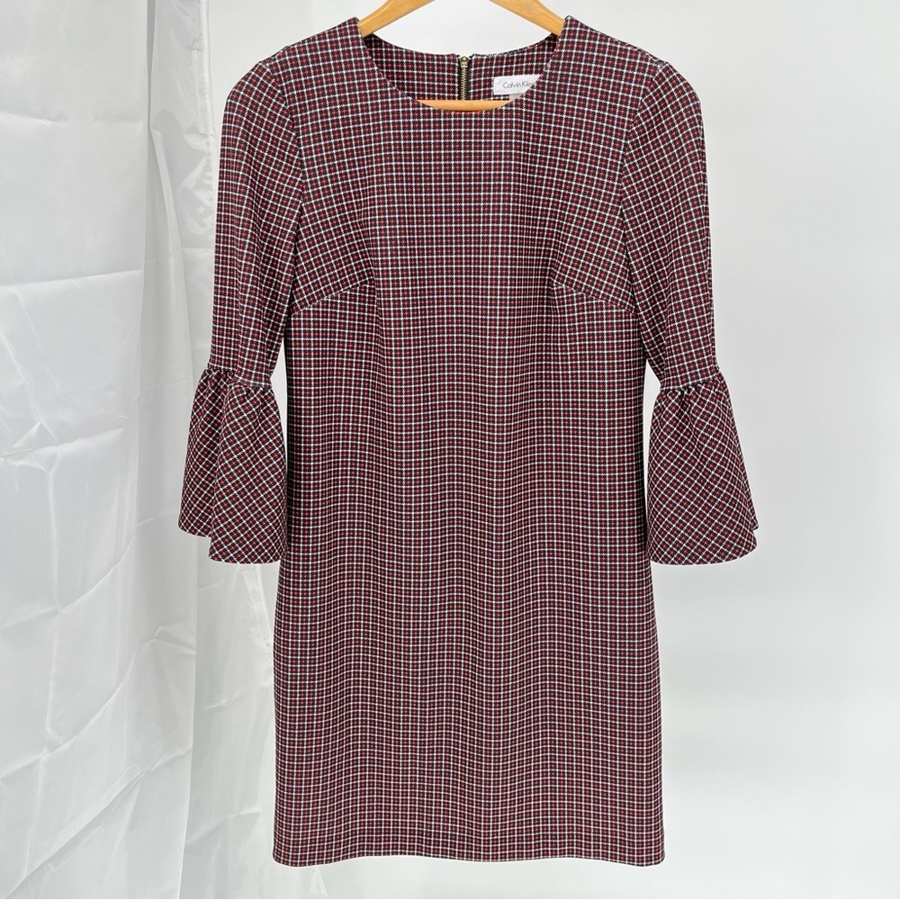 Calvin Klein Plaid Sheath Dress Size 8 Round Neck Ruffle Sleeves Black Red